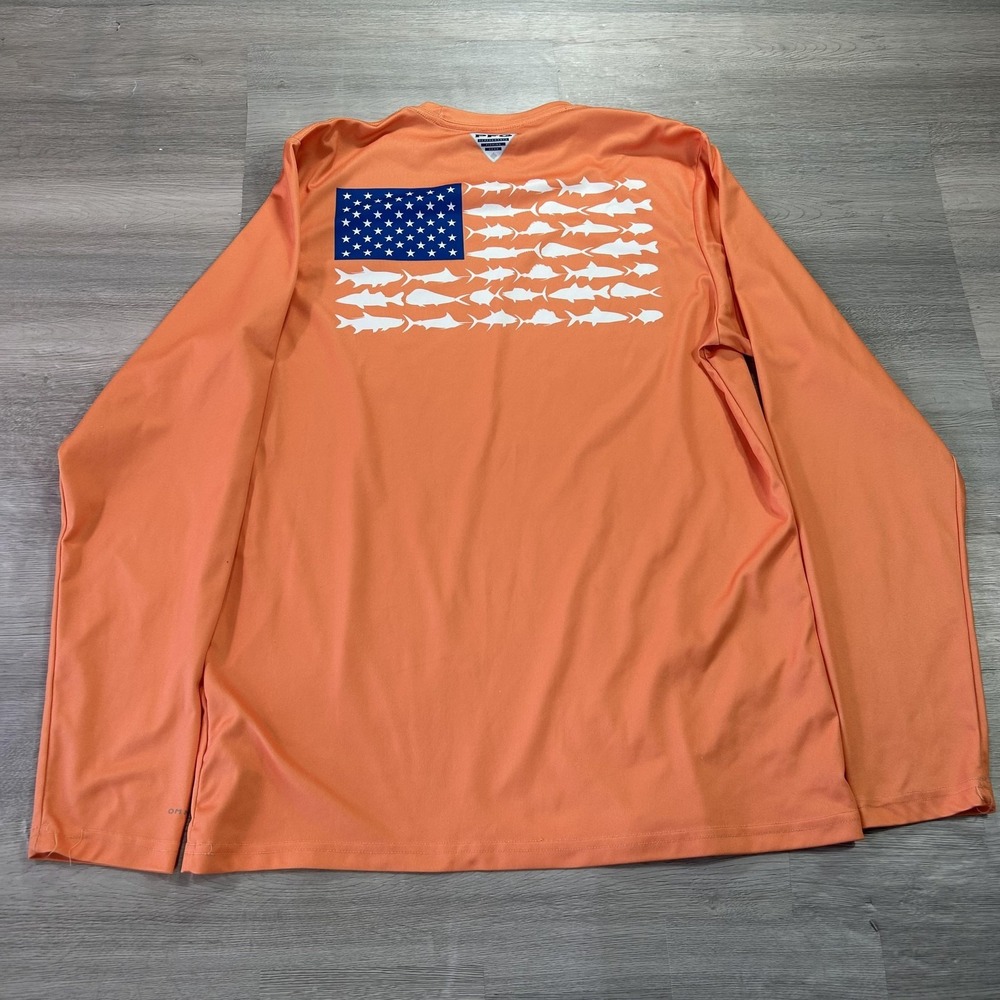 Columbia‎ PFG Shirt Mens Small Orange Long Sleeve Fishing USA Flag Fish Graphic